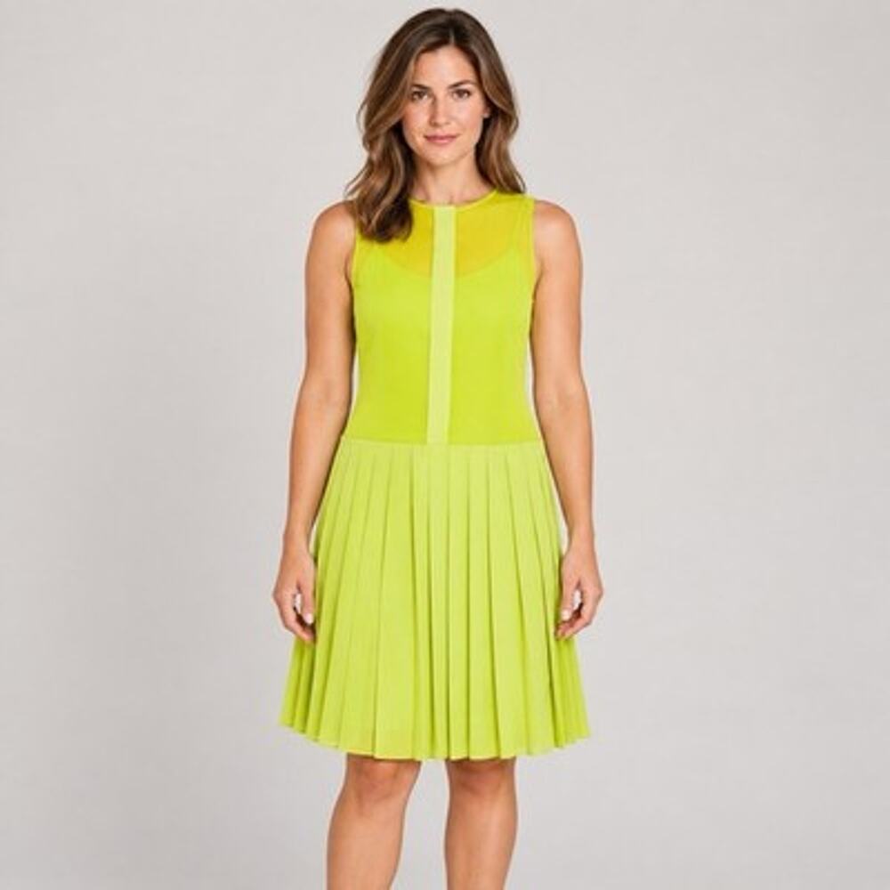 Ali Ro Silk Pleated Sleeveless Dress Size 8 Chartreuse Sheer Chiffon Retro